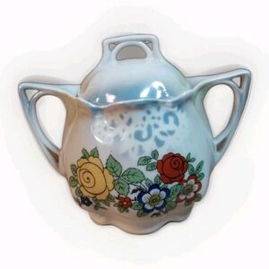 Vtg German Lusterware Sugar Bowl w/Lid Dresdan Rose Transferware Floral Design